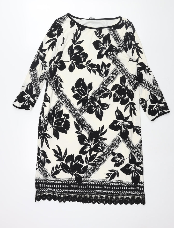 M&Co Womens Ivory Geometric Polyester Shift Size 14 Boat Neck Pullover - Lace Trim Floral Print