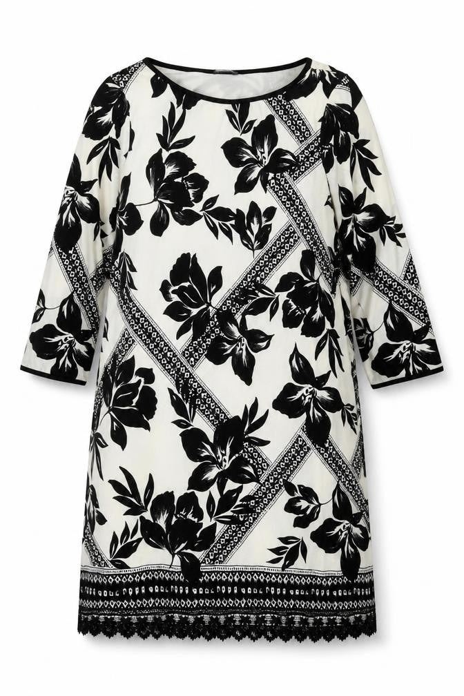 M&Co Womens Ivory Geometric Polyester Shift Size 14 Boat Neck Pullover - Lace Trim Floral Print
