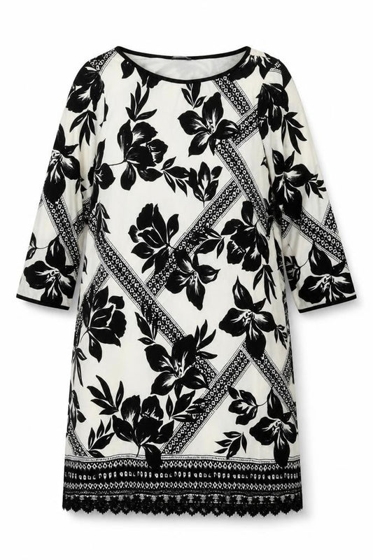 Front view of M&Co women’s ivory geometric polyester shift, size UK 14, boat neck pullover - lace trim floral print