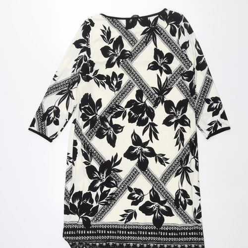 M&Co Womens Ivory Geometric Polyester Shift Size 14 Boat Neck Pullover - Lace Trim Floral Print