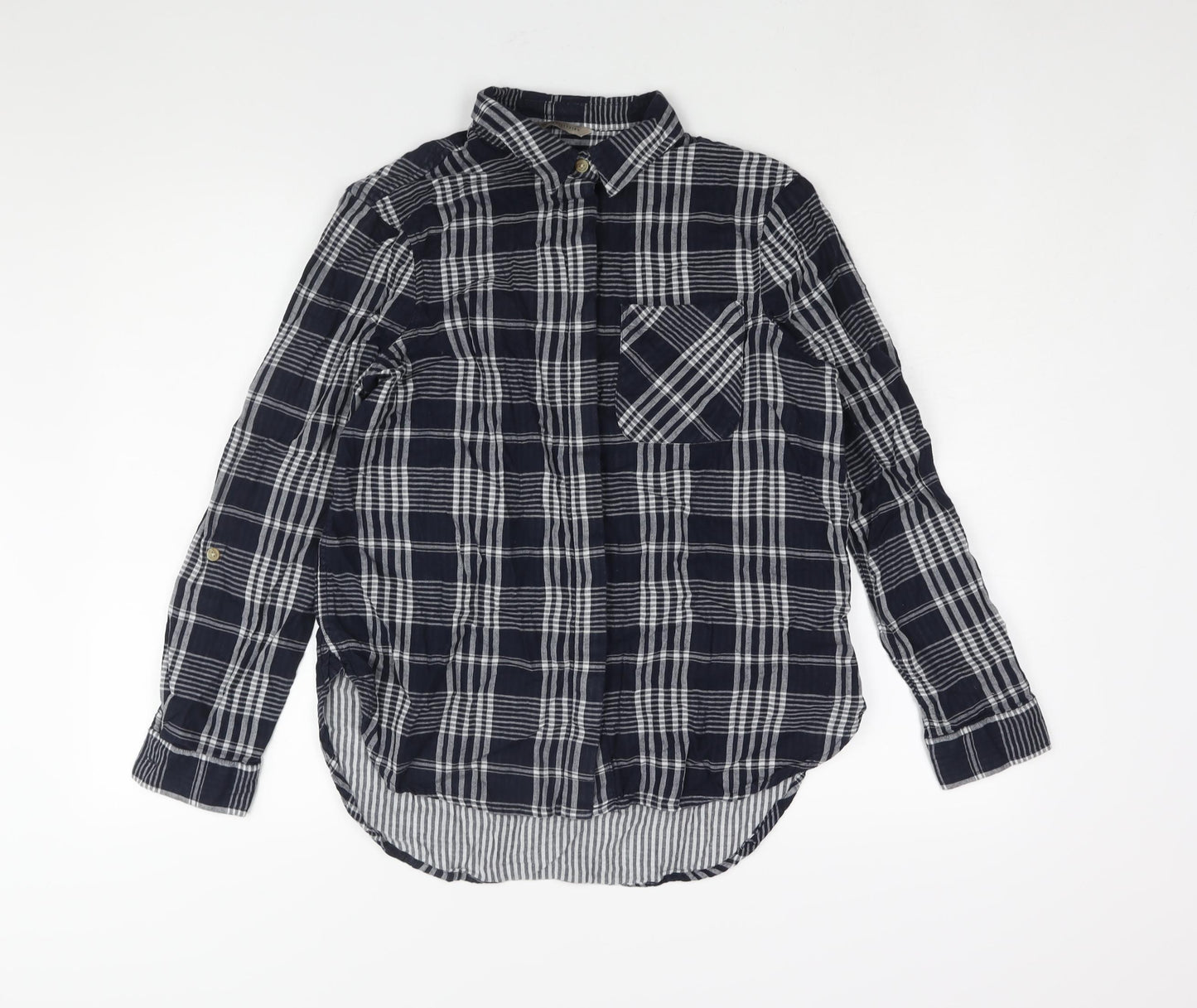 Marks and Spencer Womens Blue Check Cotton Basic Button-Up Size 8 Collared