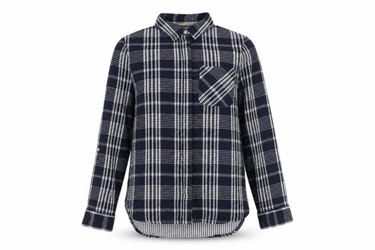 Front view of Marks & Spencer women’s blue check cotton basic button-up, size UK 8, collared