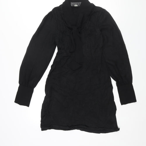 Oasis Womens Black Acrylic Jumper Dress Size 10 V-Neck Pullover - Bow Detail Semi Sheer Sleeves