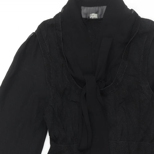 Oasis Womens Black Acrylic Jumper Dress Size 10 V-Neck Pullover - Bow Detail Semi Sheer Sleeves