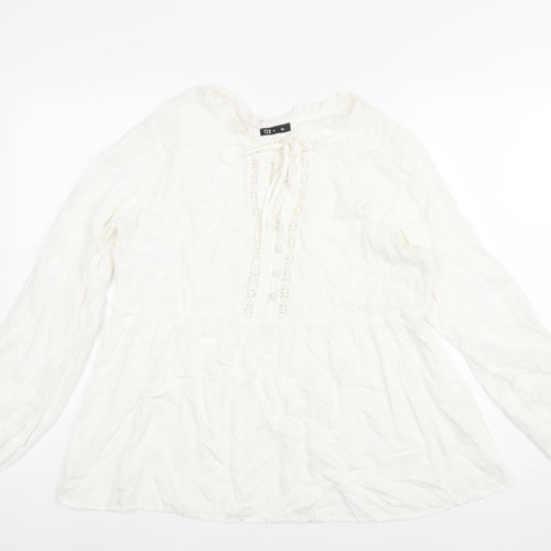 TEX Womens White Polyester Basic Blouse Size XL Round Neck - Button Detail Lace Trim