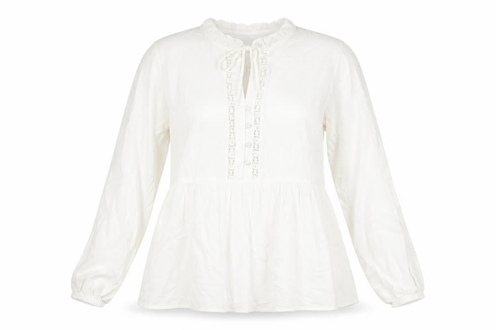 Front view of TEX women’s white polyester basic blouse, size XL, round neck - button detail lace trim
