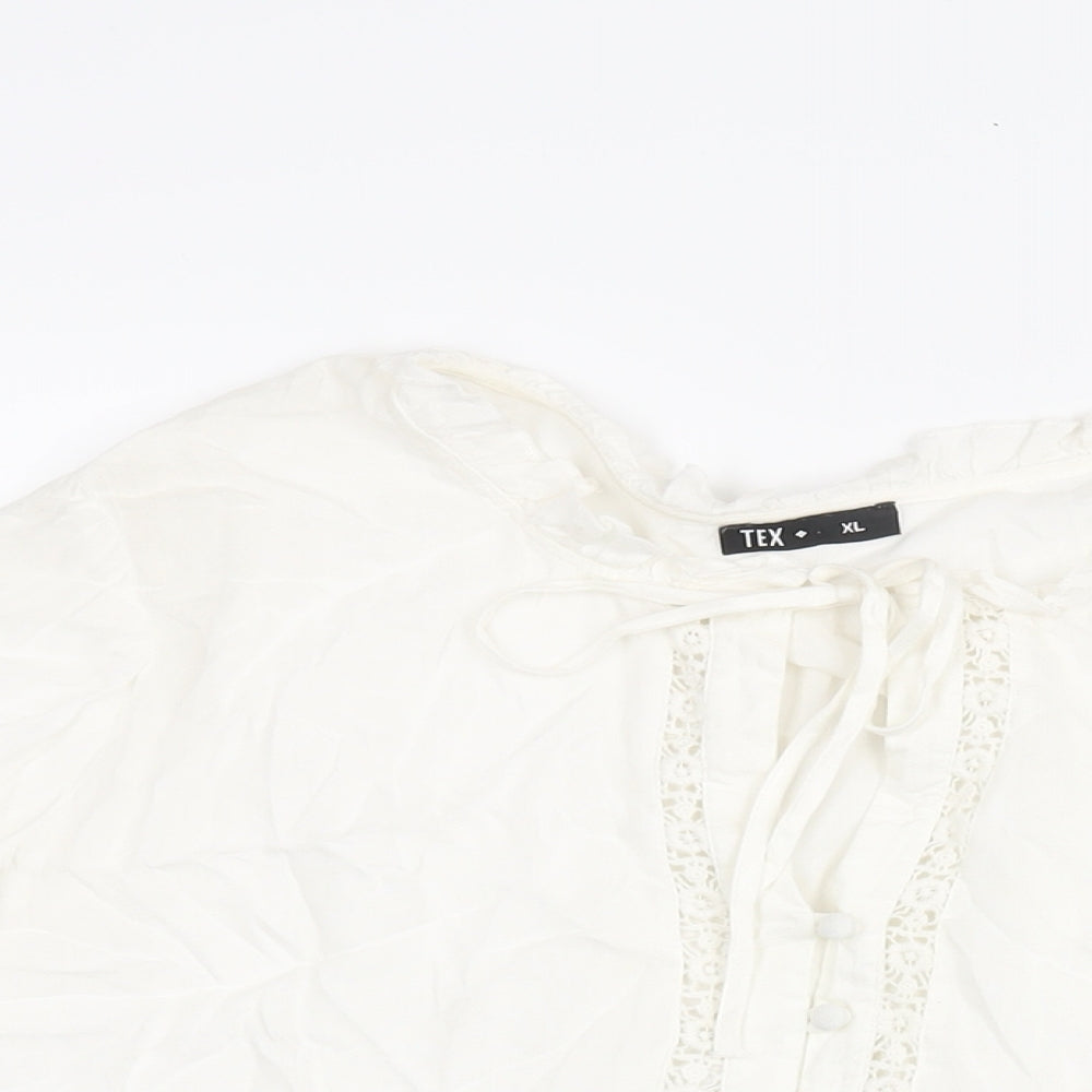 TEX Womens White Polyester Basic Blouse Size XL Round Neck - Button Detail Lace Trim