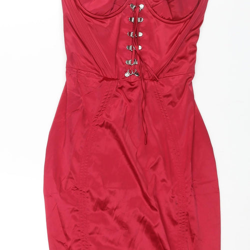 Oh Polly Womens Pink Polyester Bodycon Size 8 Sweetheart Zip - Corset Bodice Lace Up Detail