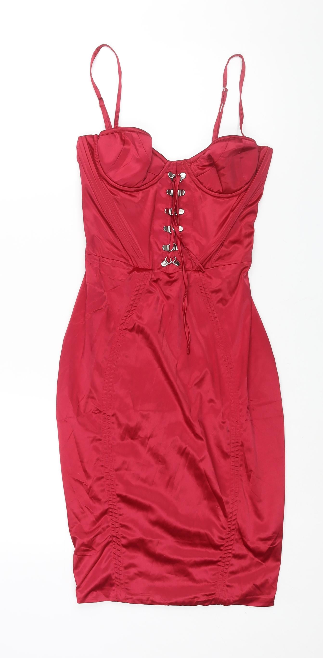 Oh Polly Womens Pink Polyester Bodycon Size 8 Sweetheart Zip - Corset Bodice Lace Up Detail