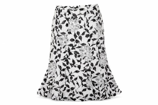 Front view of Seda women’s white floral cotton trumpet skirt, size UK 16, zip