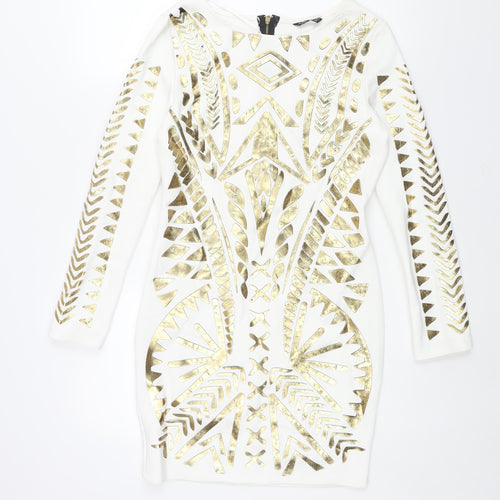 Select Womens White Polyester Bodycon Size 12 Round Neck Zip - Gold Geormetric Print