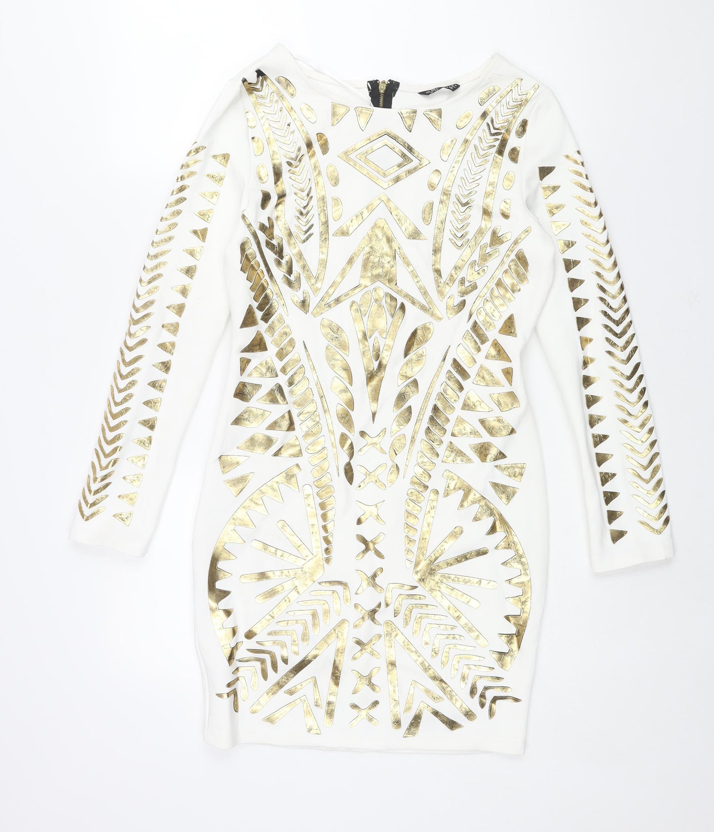 Select Womens White Polyester Bodycon Size 12 Round Neck Zip - Gold Geormetric Print