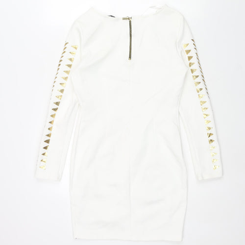Select Womens White Polyester Bodycon Size 12 Round Neck Zip - Gold Geormetric Print