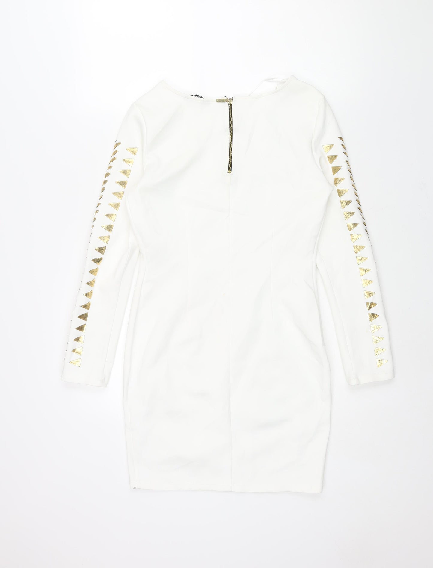 Select Womens White Polyester Bodycon Size 12 Round Neck Zip - Gold Geormetric Print