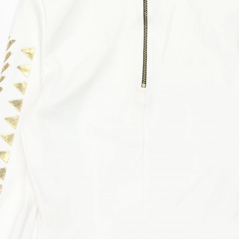 Select Womens White Polyester Bodycon Size 12 Round Neck Zip - Gold Geormetric Print