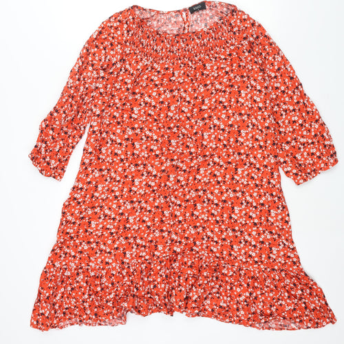 Klass Womens Red Floral Viscose A-Line Size 12 Round Neck Button - Smocked