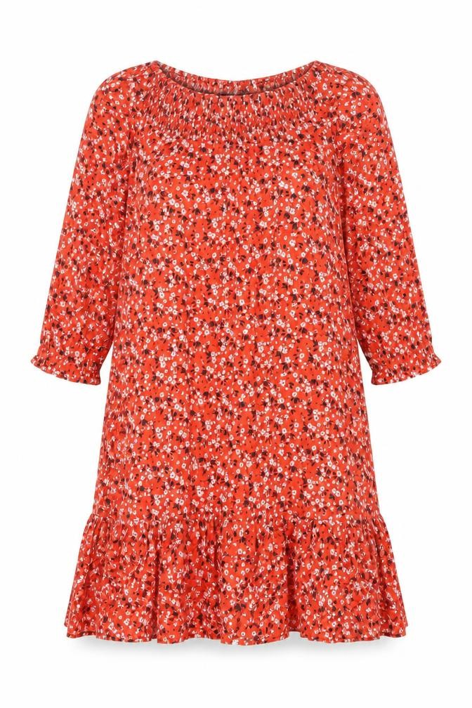 Front view of Klass women’s red floral viscose a-line, size UK 12, round neck button - smocked