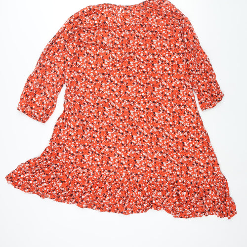 Klass Womens Red Floral Viscose A-Line Size 12 Round Neck Button - Smocked
