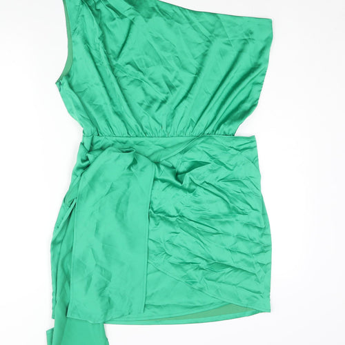 RUNWAY Womens Green Polyester Mini Size 10 One Shoulder Zip - Wrap Skirt Detail