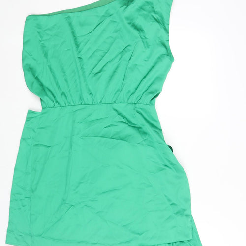 RUNWAY Womens Green Polyester Mini Size 10 One Shoulder Zip - Wrap Skirt Detail