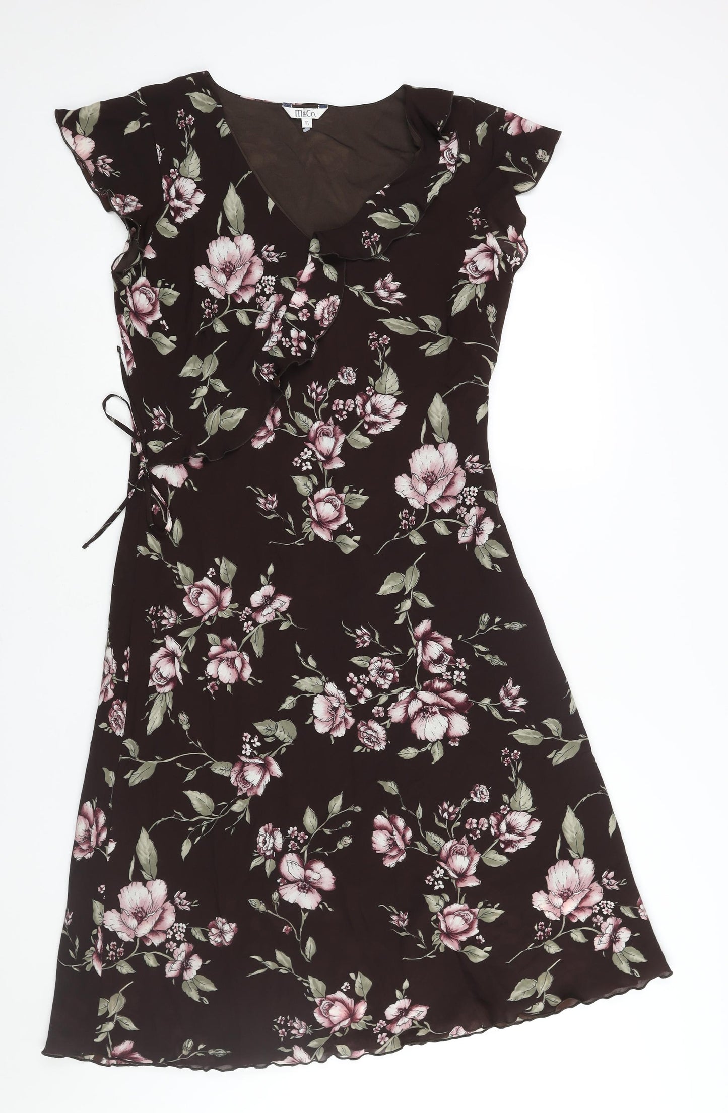 M&Co Womens Brown Floral Polyester Shift Size 16 V-Neck Pullover - Frill Detail Bow