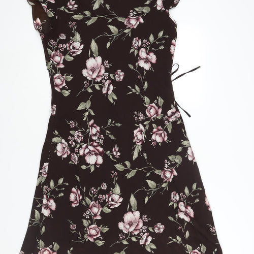 M&Co Womens Brown Floral Polyester Shift Size 16 V-Neck Pullover - Frill Detail Bow