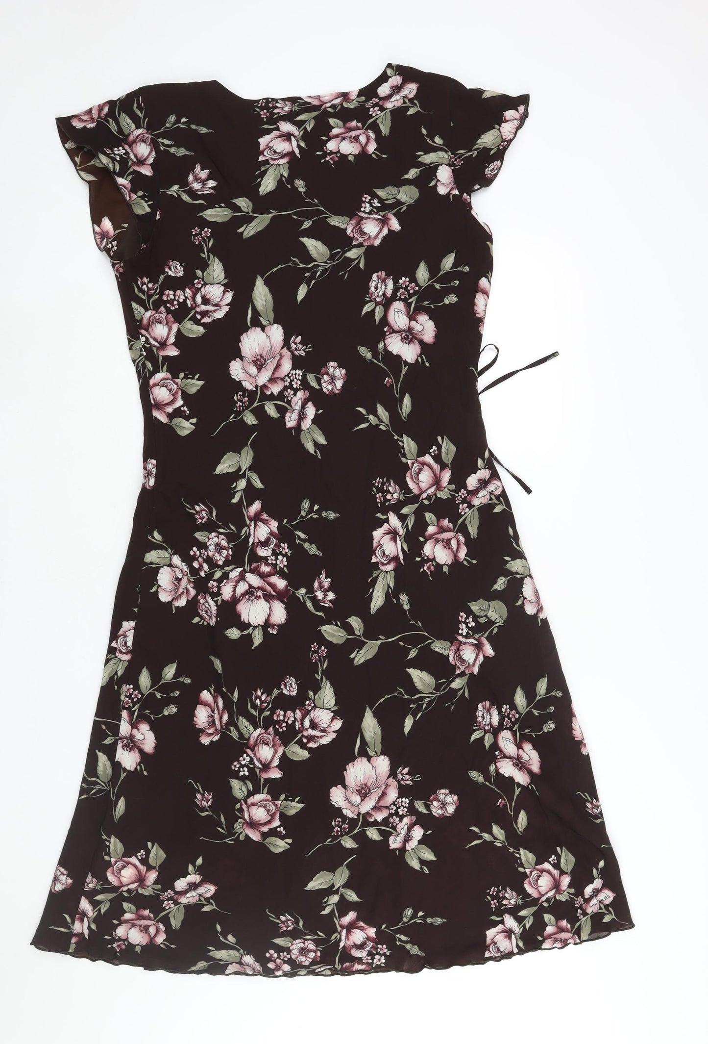 M&Co Womens Brown Floral Polyester Shift Size 16 V-Neck Pullover - Frill Detail Bow