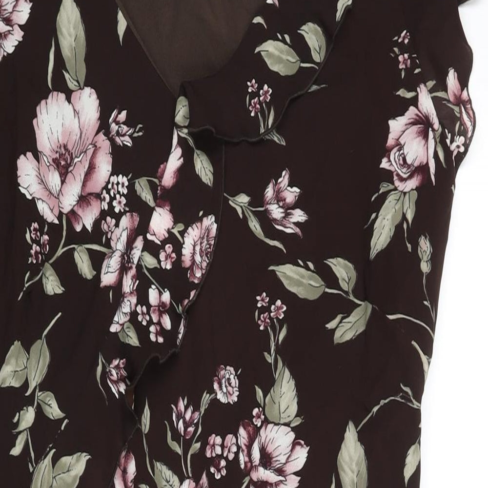 M&Co Womens Brown Floral Polyester Shift Size 16 V-Neck Pullover - Frill Detail Bow