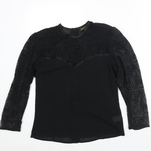 Masai Womens Black Polyester Basic Blouse Size 10 Round Neck - Velvet Floral Glitter Sleeves