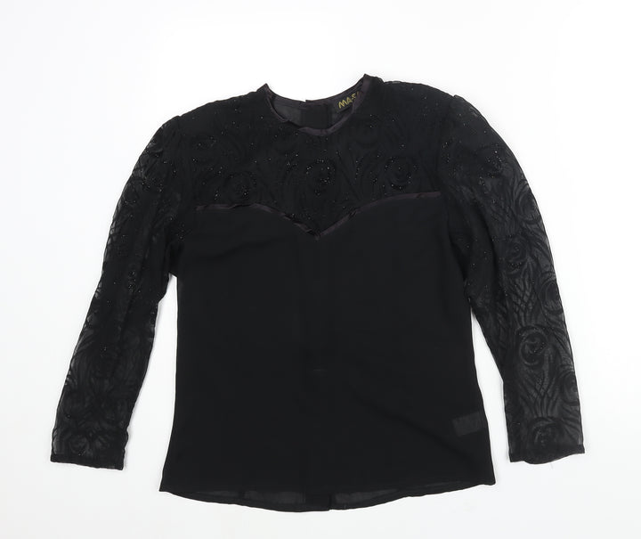 Masai Womens Black Polyester Basic Blouse Size 10 Round Neck - Velvet Floral Glitter Sleeves
