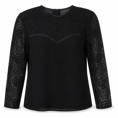 Masai Womens Black Polyester Basic Blouse Size 10 Round Neck - Velvet Floral Glitter Sleeves