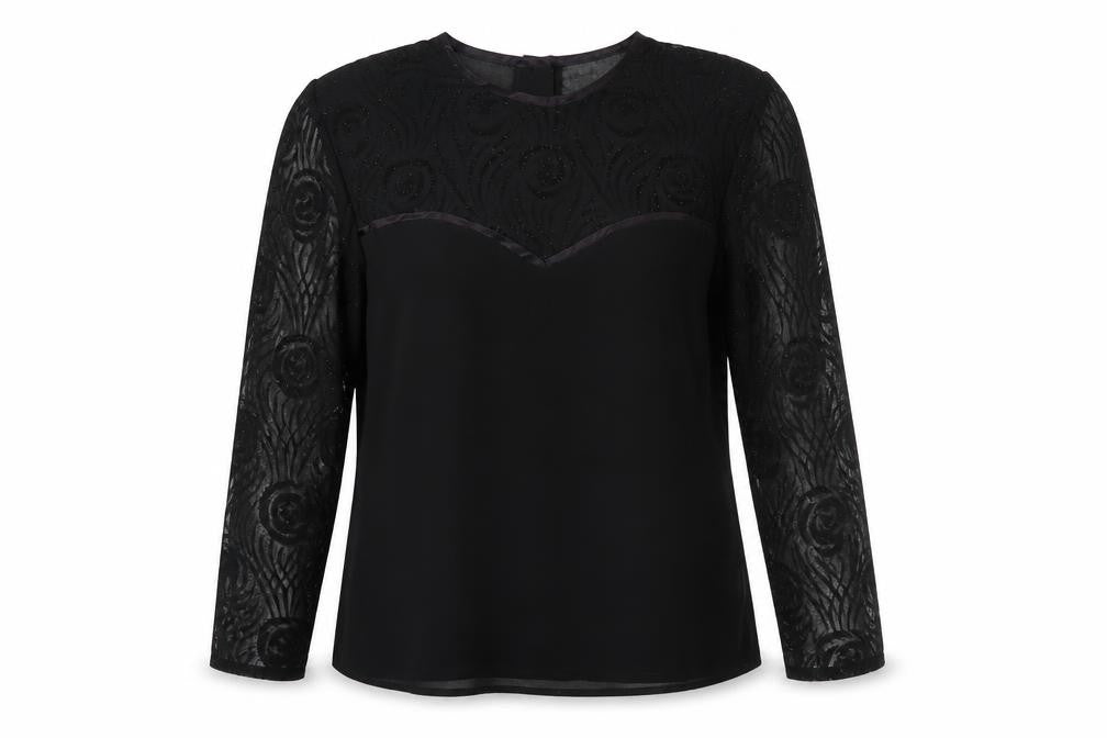 Masai Womens Black Polyester Basic Blouse Size 10 Round Neck - Velvet Floral Glitter Sleeves