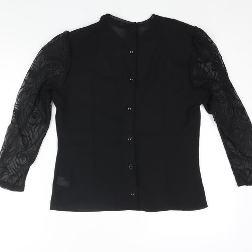 Masai Womens Black Polyester Basic Blouse Size 10 Round Neck - Velvet Floral Glitter Sleeves