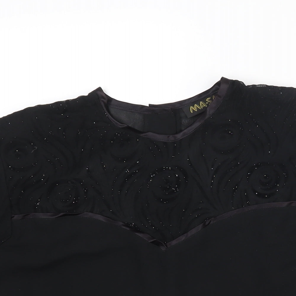 Masai Womens Black Polyester Basic Blouse Size 10 Round Neck - Velvet Floral Glitter Sleeves