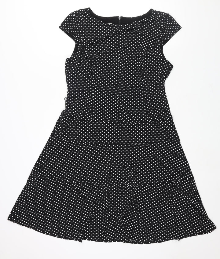 Anne Klein Womens Black Polka Dot Polyester A-Line Size 14 Boat Neck Zip