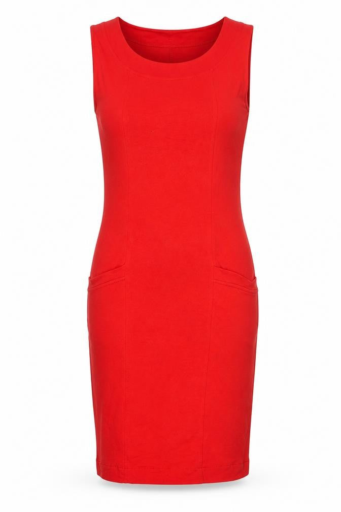 Front view of ASOS women’s red viscose bodycon, size UK 12, round neck pullover - pockets