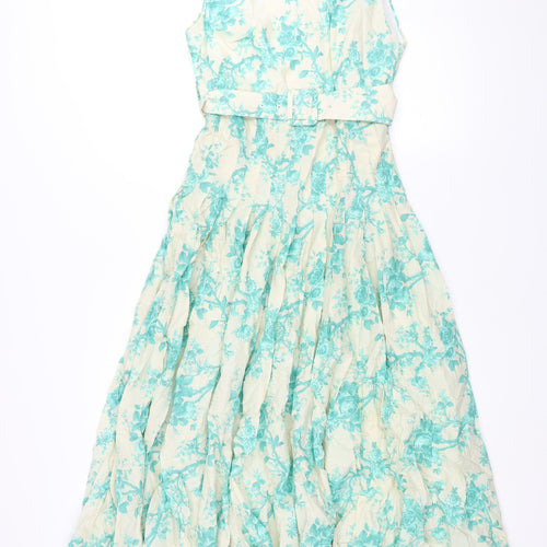Zara Womens Blue Floral Cotton Fit & Flare Size M Round Neck Zip - Belted