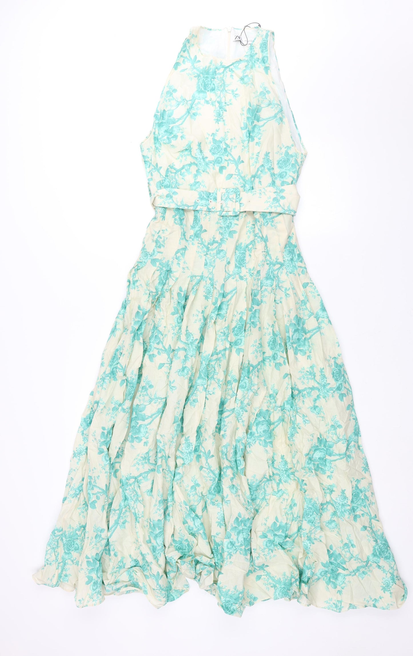 Zara Womens Blue Floral Cotton Fit & Flare Size M Round Neck Zip - Belted