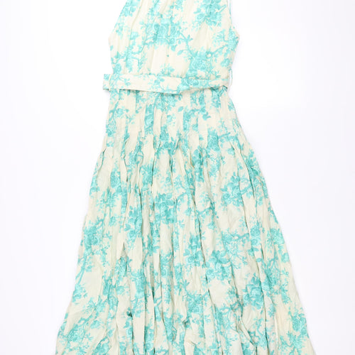 Zara Womens Blue Floral Cotton Fit & Flare Size M Round Neck Zip - Belted