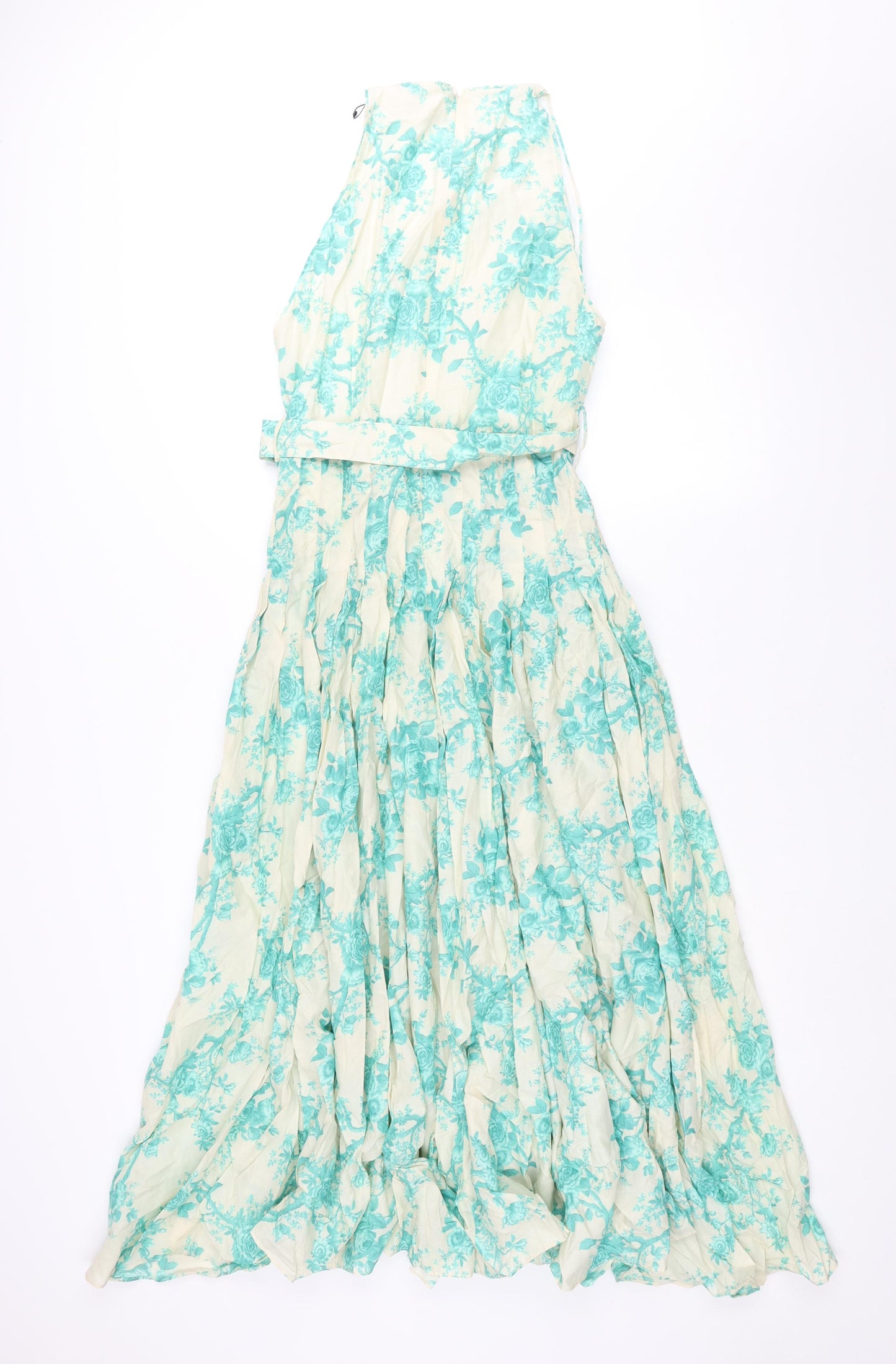 Zara Womens Blue Floral Cotton Fit & Flare Size M Round Neck Zip - Belted