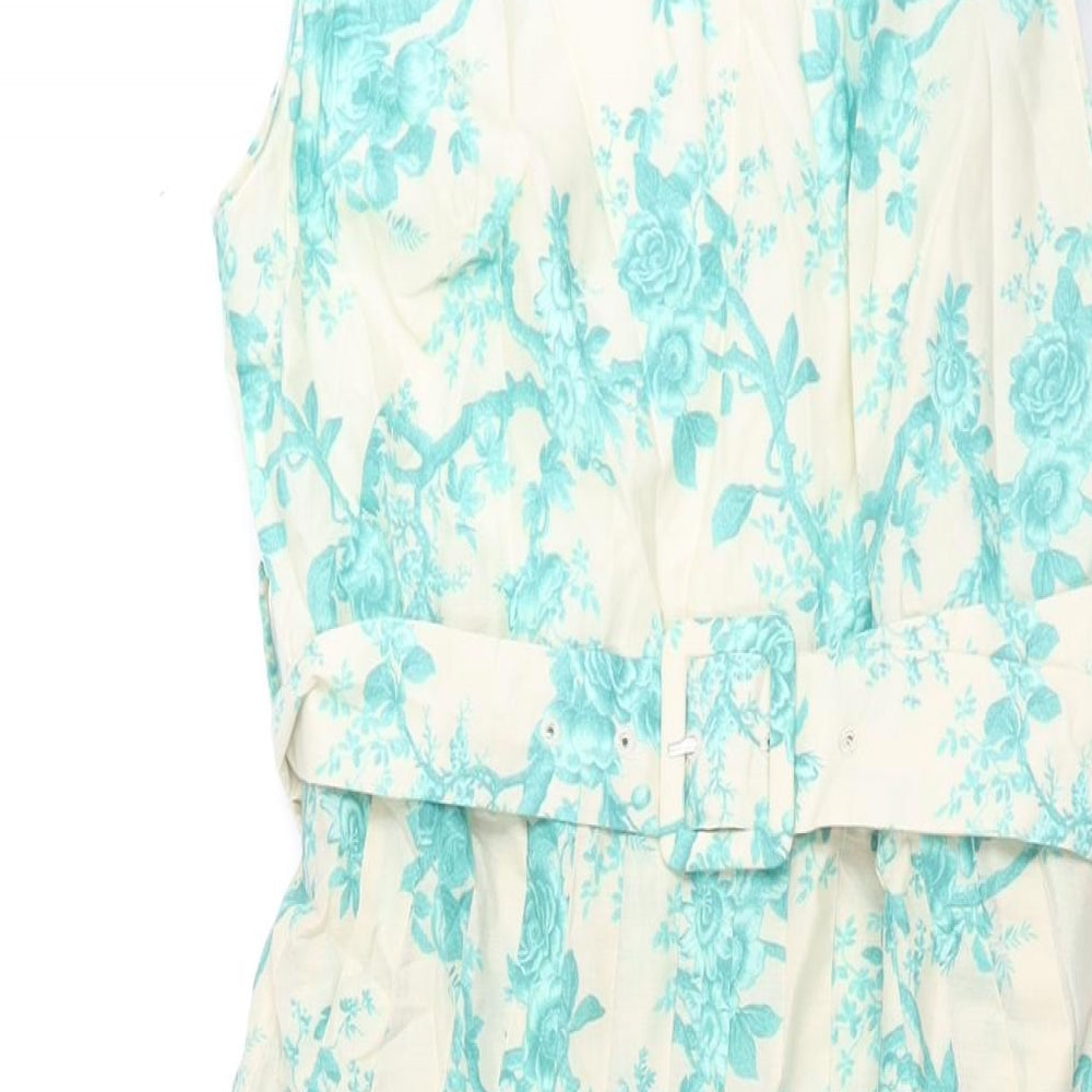 Zara Womens Blue Floral Cotton Fit & Flare Size M Round Neck Zip - Belted