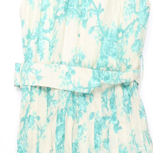 Zara Womens Blue Floral Cotton Fit & Flare Size M Round Neck Zip - Belted