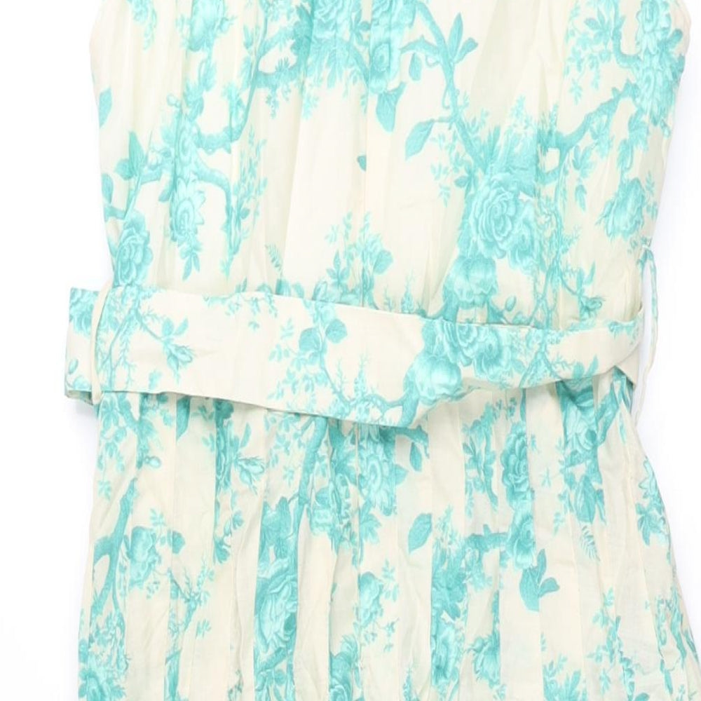Zara Womens Blue Floral Cotton Fit & Flare Size M Round Neck Zip - Belted