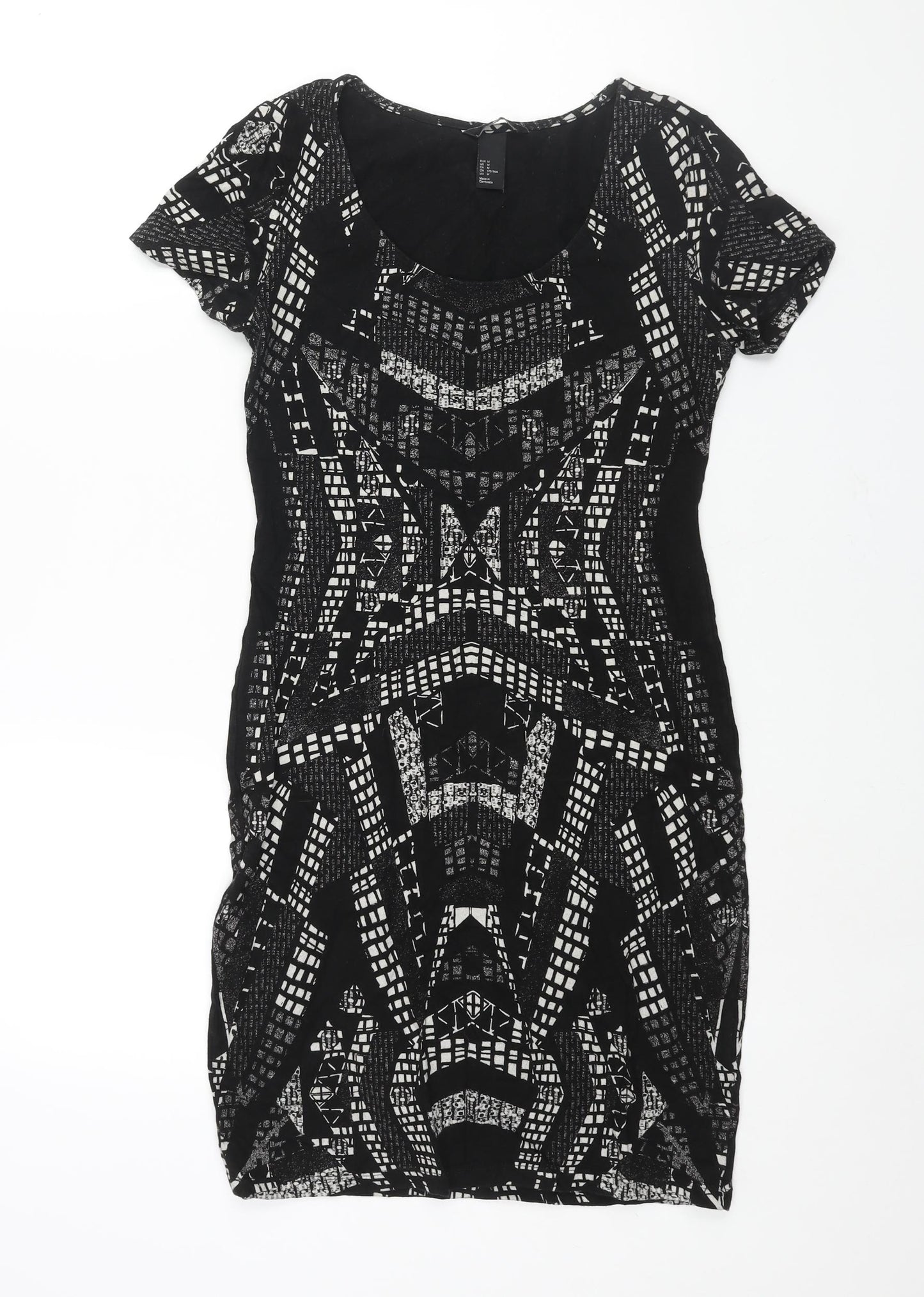 H&M Womens Black Geometric Cotton Bodycon Size M Scoop Neck Pullover