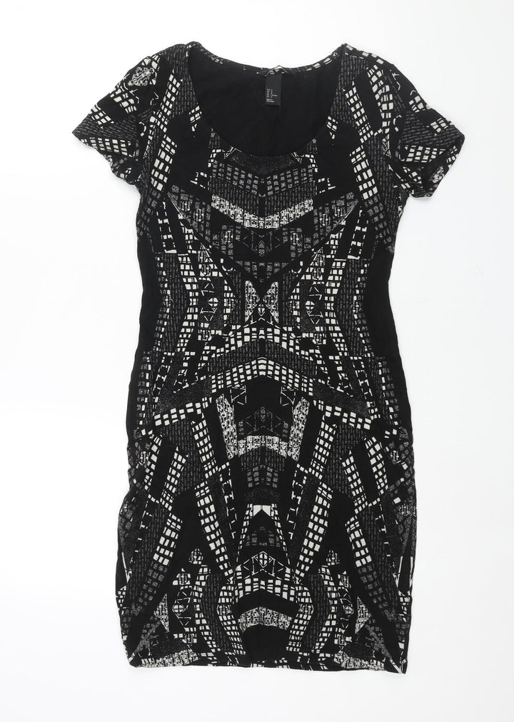 H&M Womens Black Geometric Cotton Bodycon Size M Scoop Neck Pullover