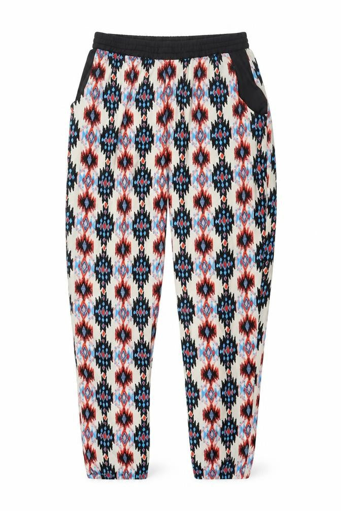 Front view of New Look women’s multicoloured geometric polyester harem trousers, size UK 8 regular - elasticated waist