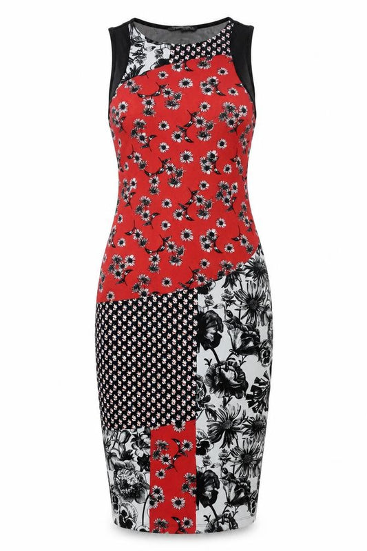 Front view of Next women’s multicoloured geometric polyester bodycon, size UK 8, round neck zip