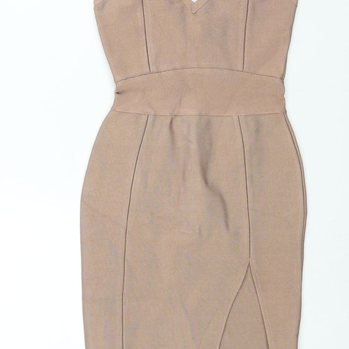 Oh Polly Womens Beige Viscose Bodycon Size XS V-Neck Zip - Front Slit