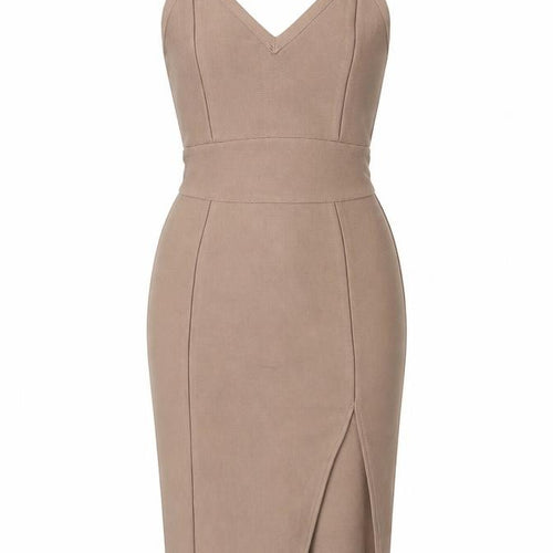 Oh Polly Womens Beige Viscose Bodycon Size XS V-Neck Zip - Front Slit