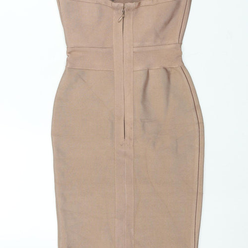 Oh Polly Womens Beige Viscose Bodycon Size XS V-Neck Zip - Front Slit